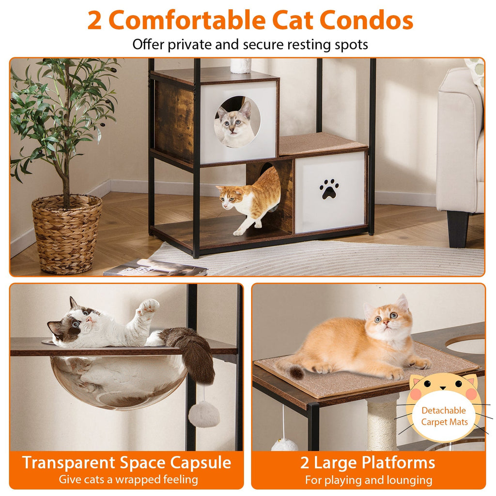 52 Inch Tall Wooden Cat Tree Metal Frame with 2 Condos and Cushions-Coffee - Majestic Pet Kingdom