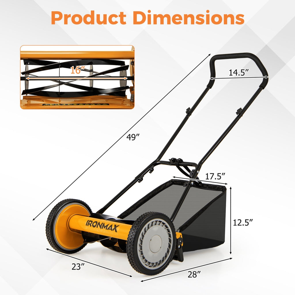 16 Inch Push Lawn Mower with 5 Steel Blades and Grass Catcher Bag