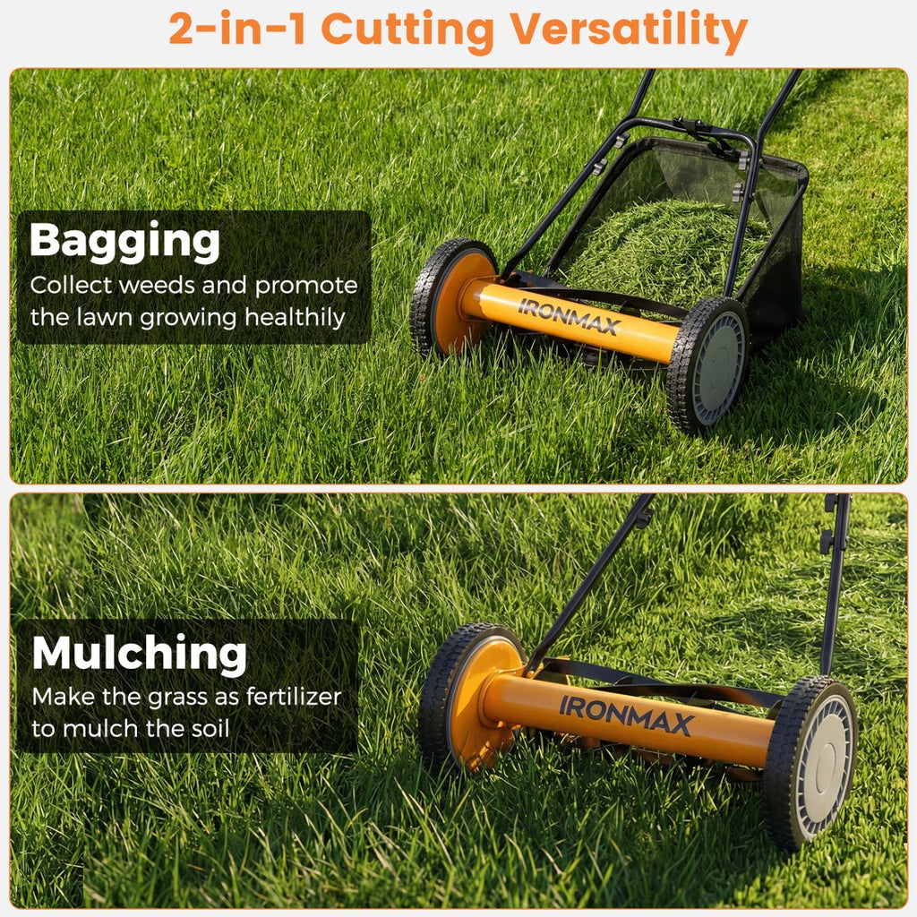 16 Inch Push Lawn Mower with 5 Steel Blades and Grass Catcher Bag