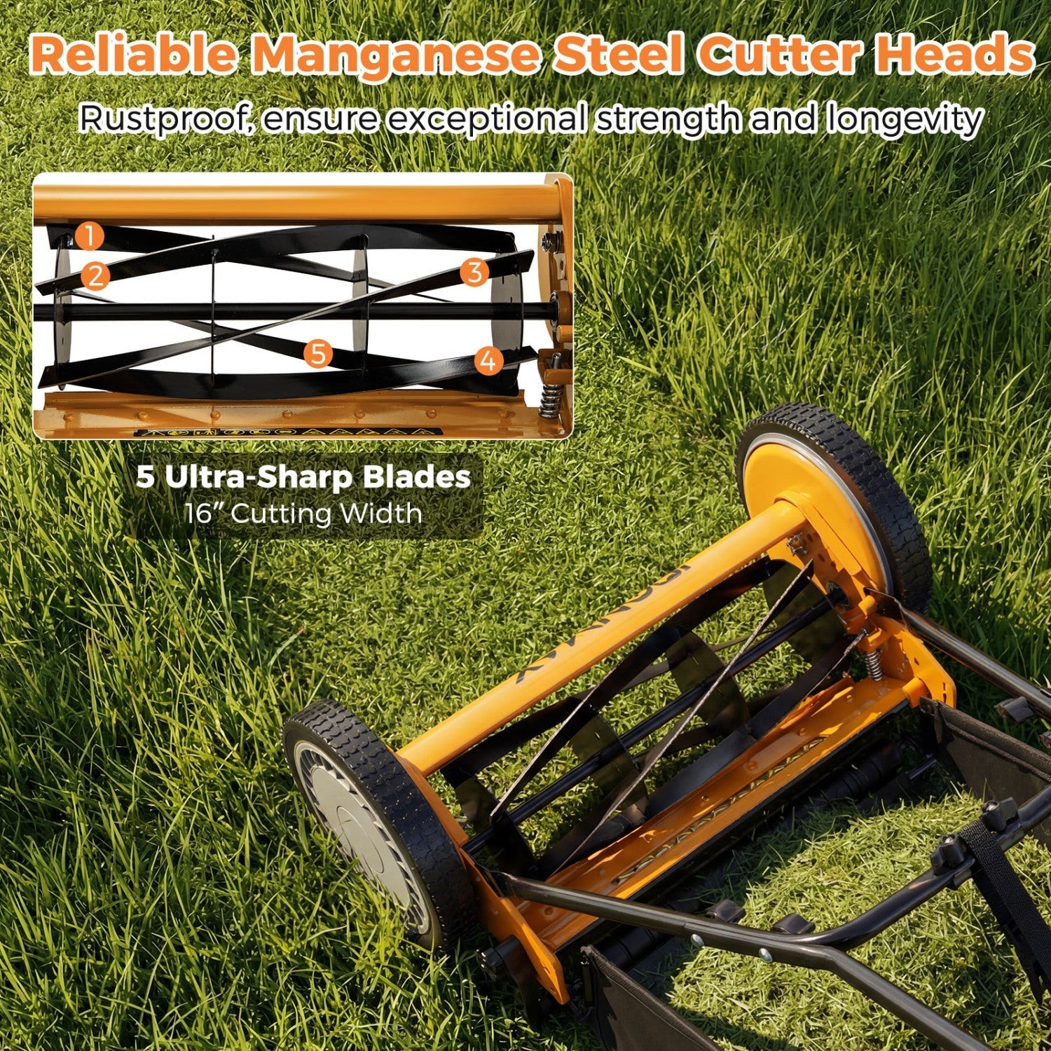 16 Inch Push Lawn Mower with 5 Steel Blades and Grass Catcher Bag