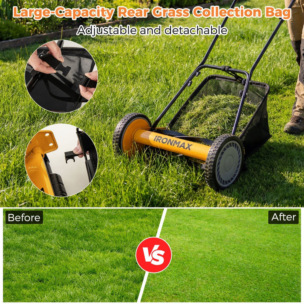 16 Inch Push Lawn Mower with 5 Steel Blades and Grass Catcher Bag