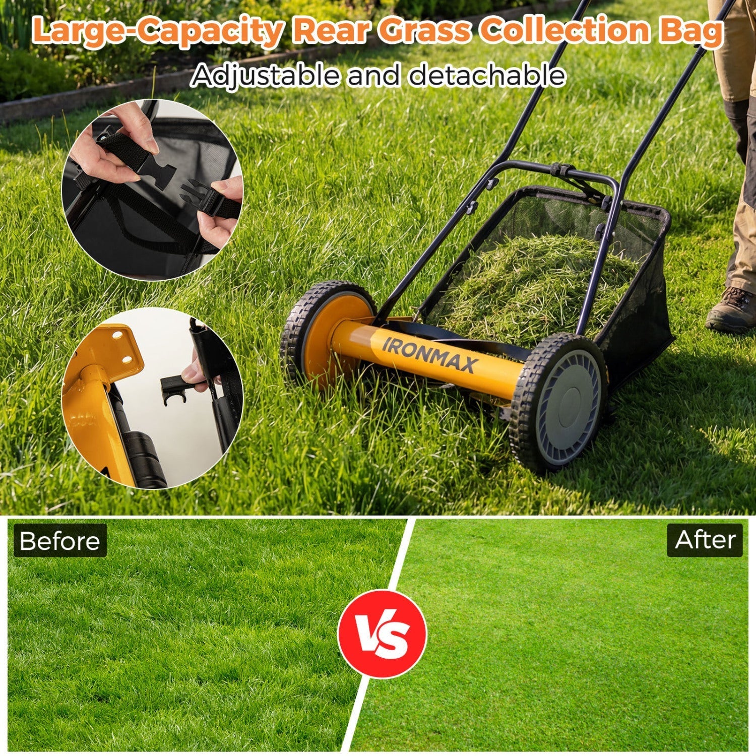 16 Inch Push Lawn Mower with 5 Steel Blades and Grass Catcher Bag