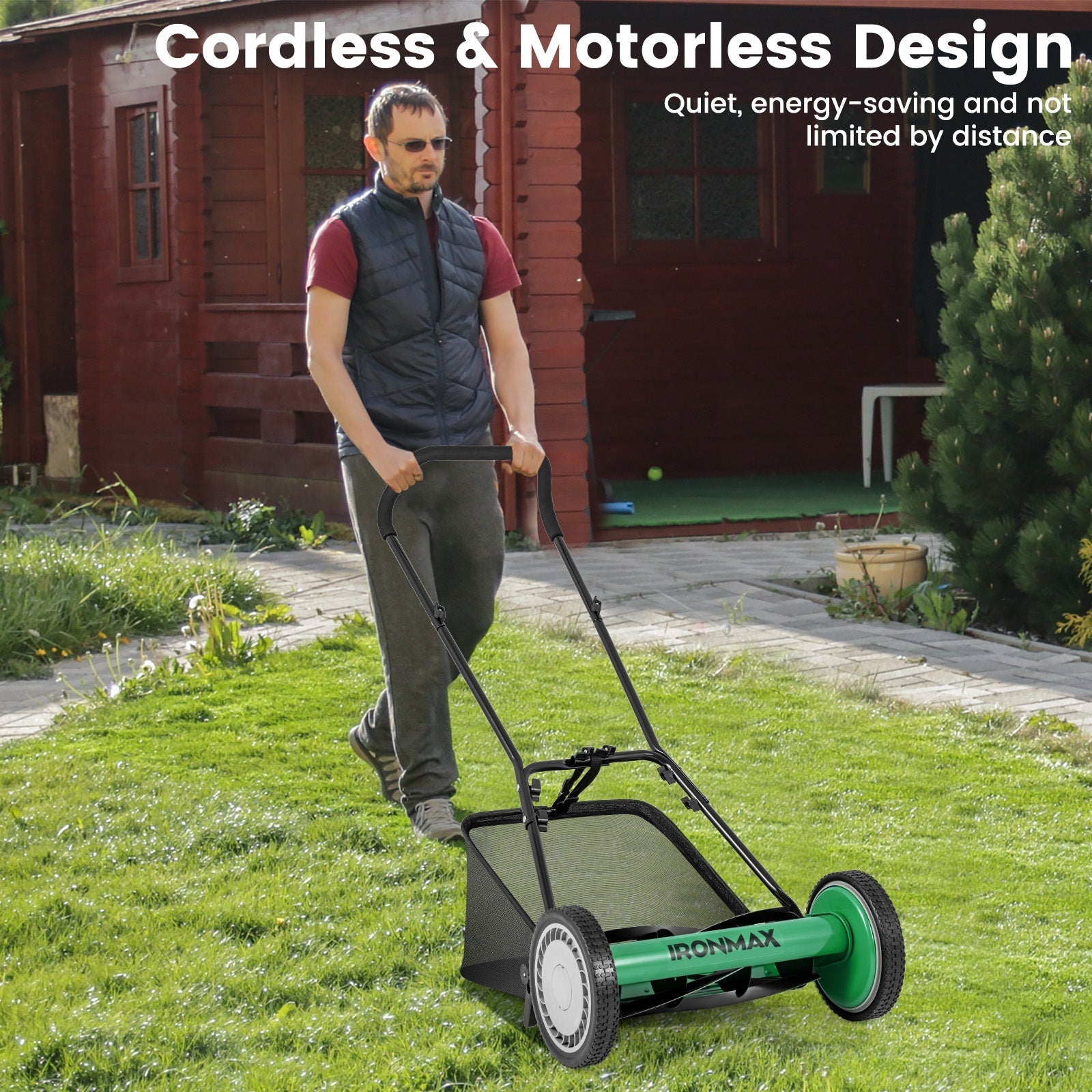 16 Inch Push Lawn Mower with 5 Steel Blades and Grass Catcher Bag