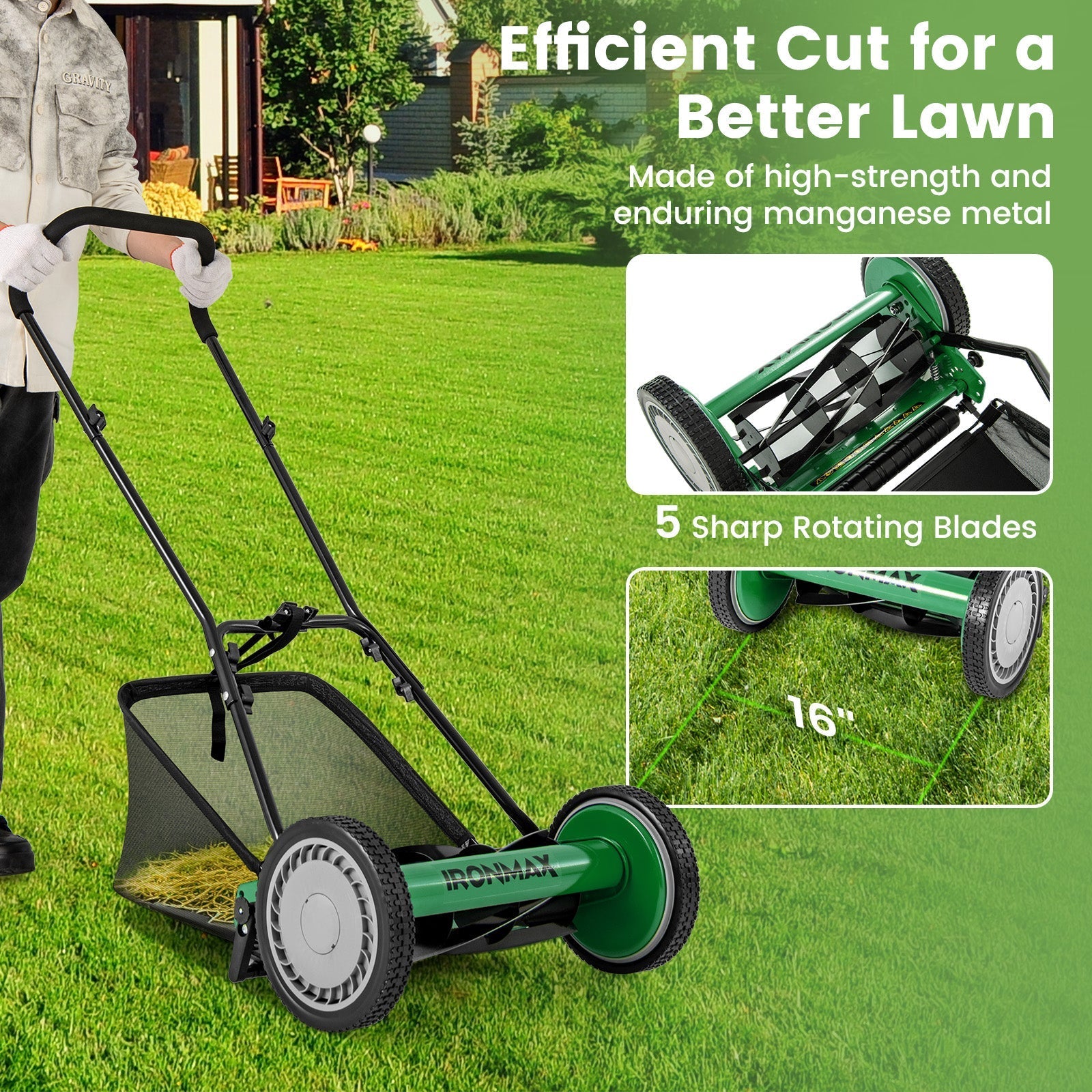 16 Inch Push Lawn Mower with 5 Steel Blades and Grass Catcher Bag
