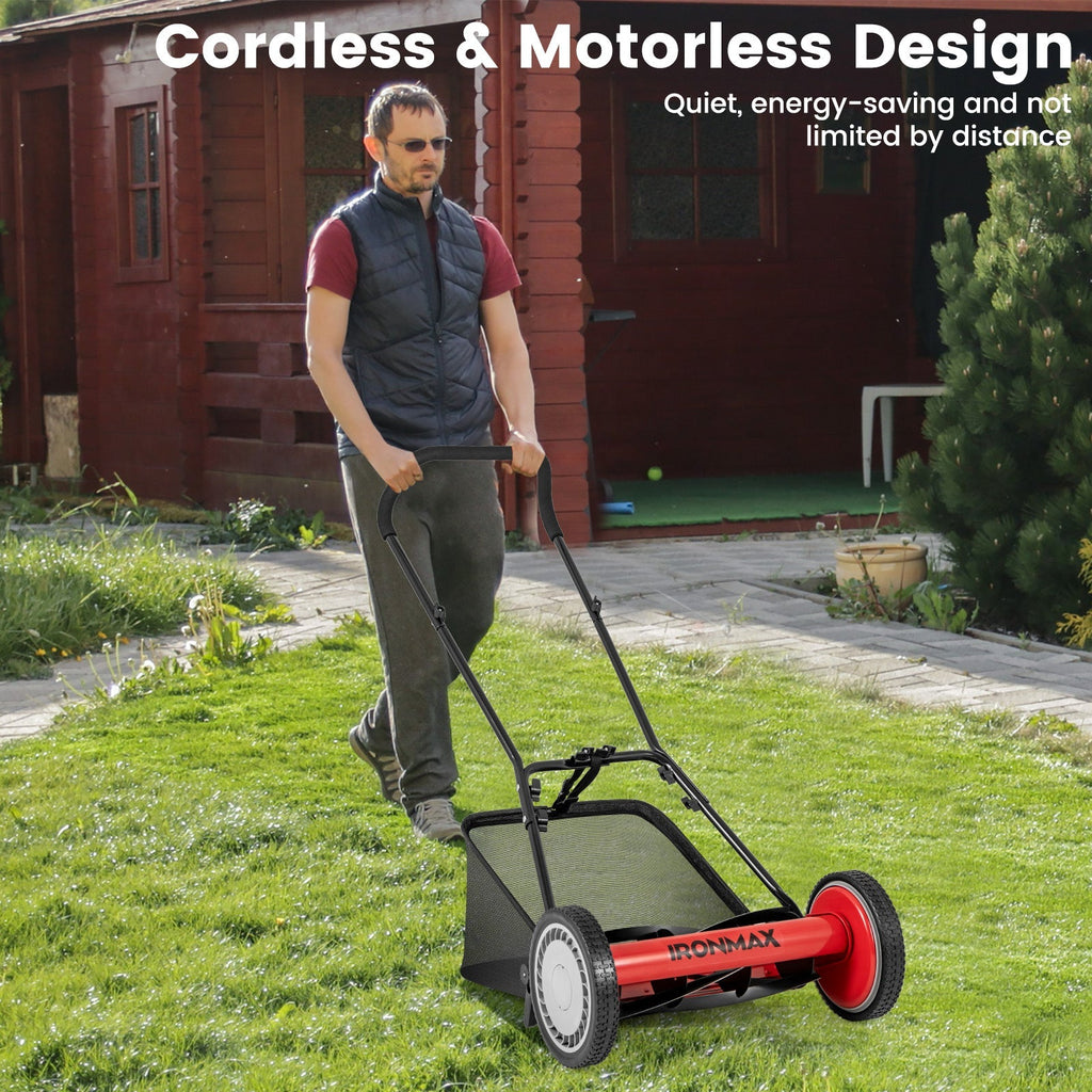 16 Inch Push Lawn Mower with 5 Steel Blades and Grass Catcher Bag