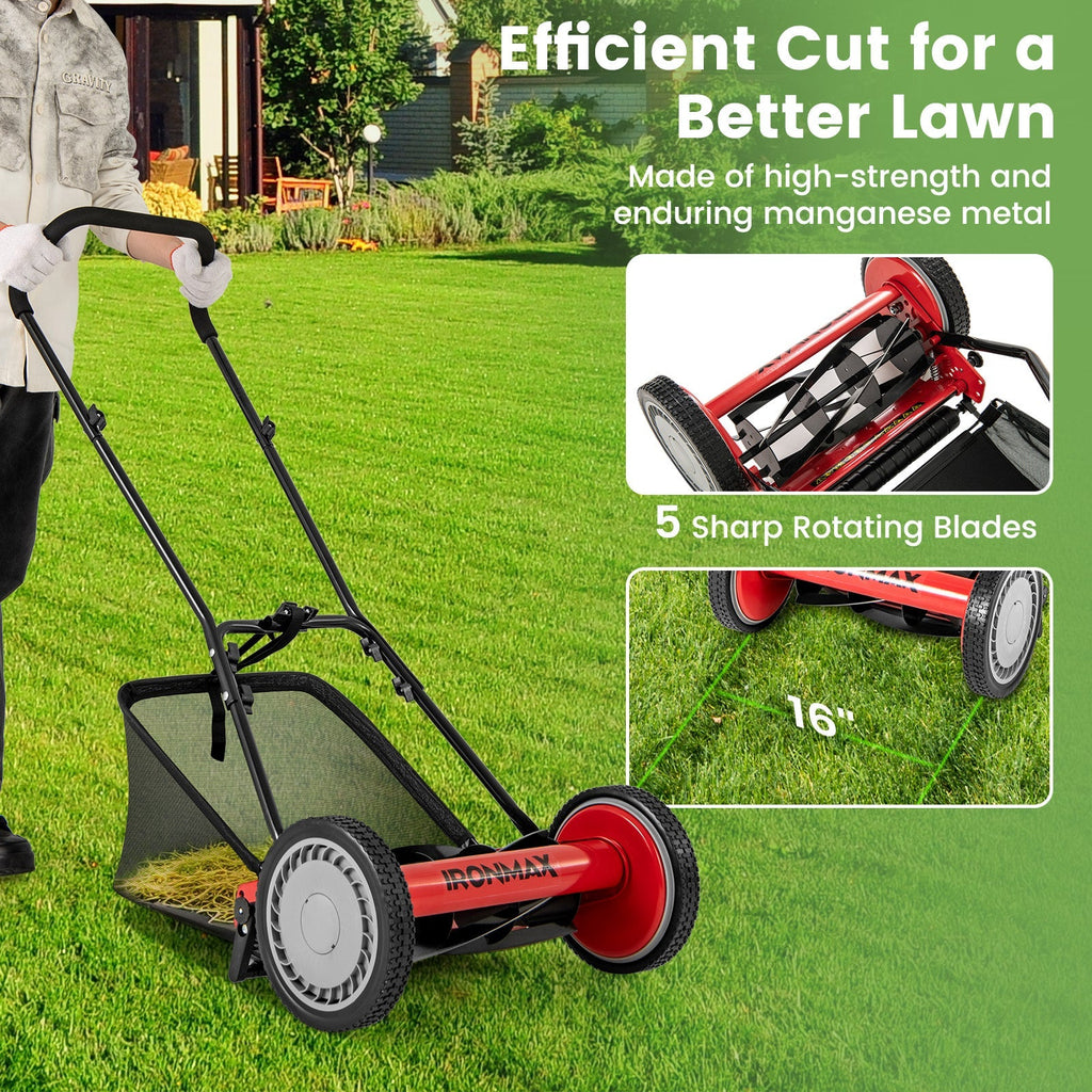 16 Inch Push Lawn Mower with 5 Steel Blades and Grass Catcher Bag