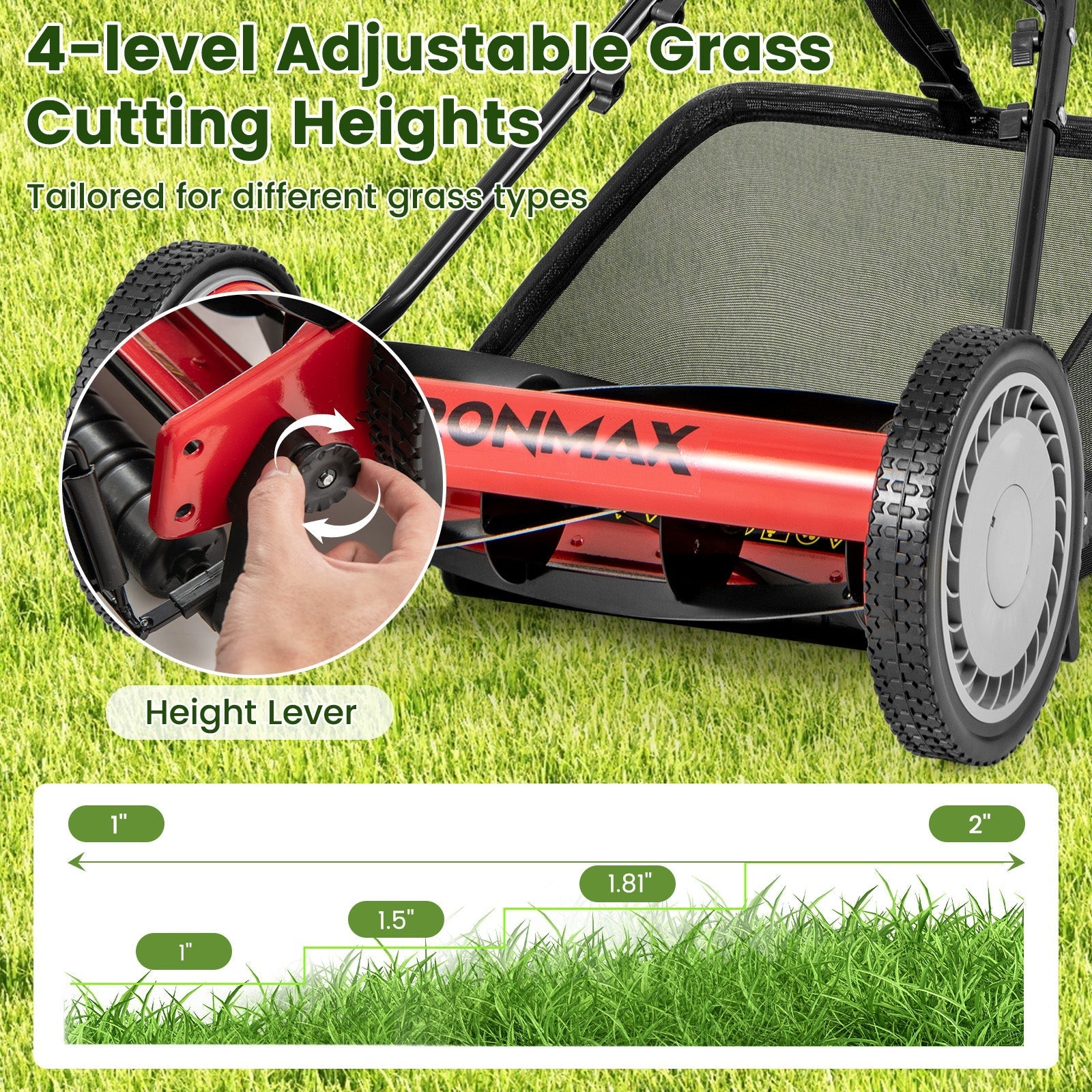 16 Inch Push Lawn Mower with 5 Steel Blades and Grass Catcher Bag