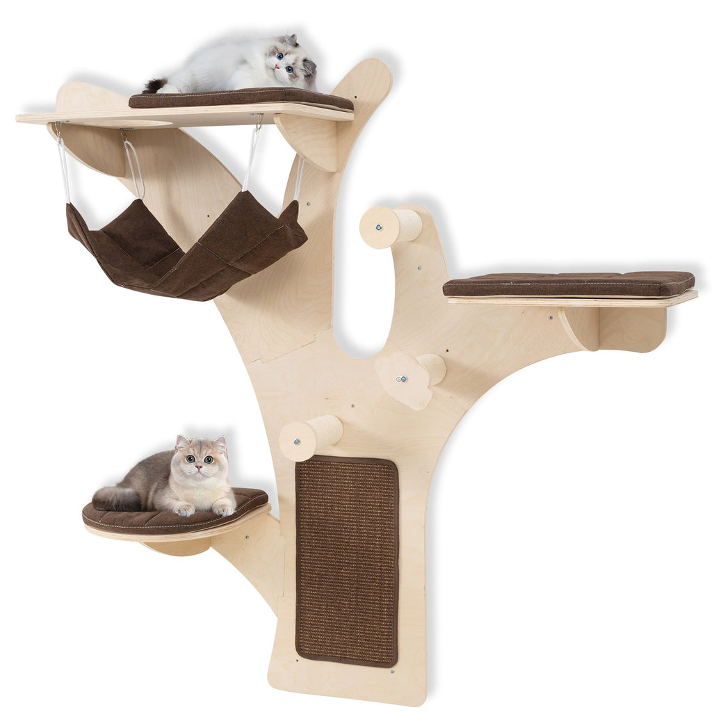 Wall-Mounted Cat Tower Cat Wall Shelves Furniture with Perch-Brown - Majestic Pet Kingdom