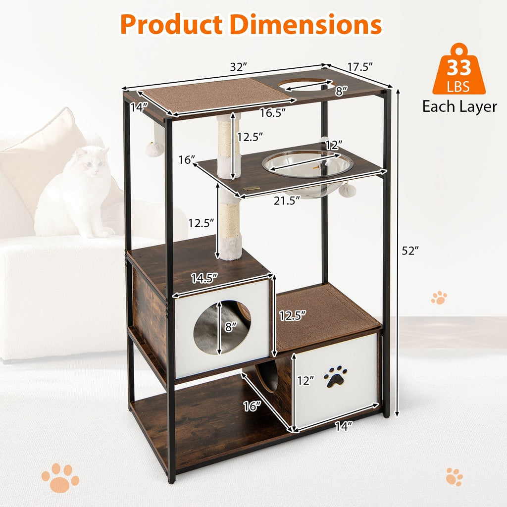 52 Inch Tall Wooden Cat Tree Metal Frame with 2 Condos and Cushions-Coffee - Majestic Pet Kingdom