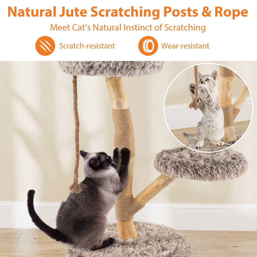 Modern Wooden Cat Tree Tower with Perch and Natural Jute Scratching Posts-Brown - Majestic Pet Kingdom