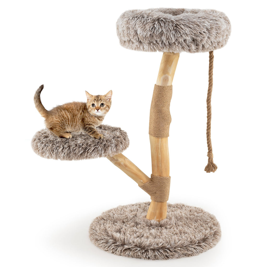 Modern Wooden Cat Tree Tower with Perch and Natural Jute Scratching Posts-Brown - Majestic Pet Kingdom