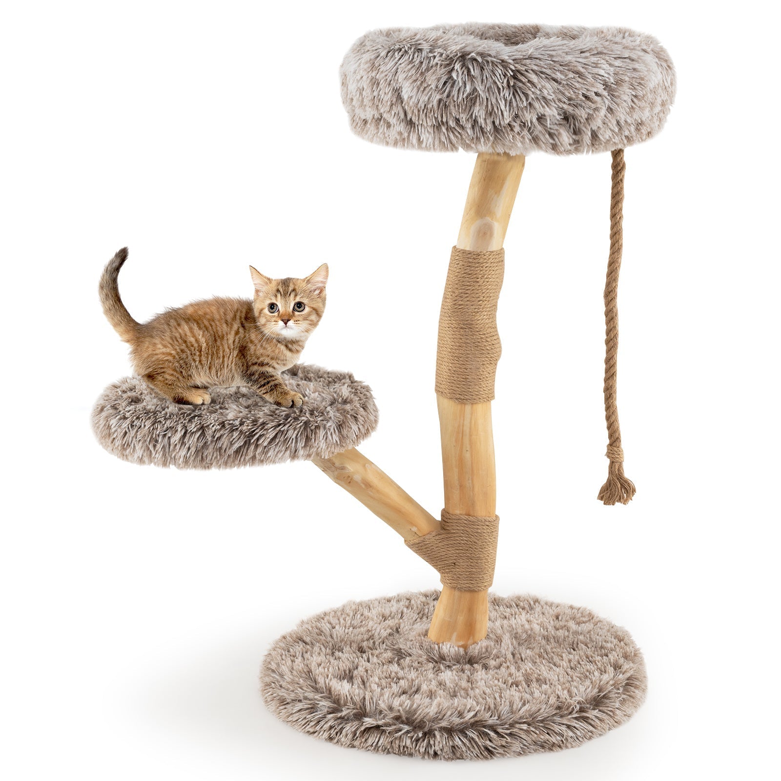 Modern Wooden Cat Tree Tower with Perch and Natural Jute Scratching Posts-Brown - Majestic Pet Kingdom