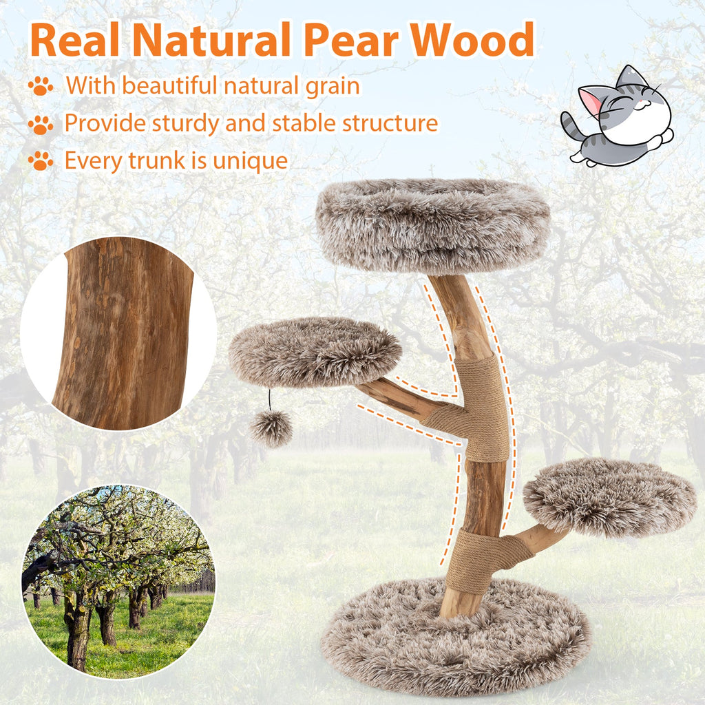 Cat Tree Solid Pear Wood with Perch and Natural Jute Scratching Posts-Brown - Majestic Pet Kingdom