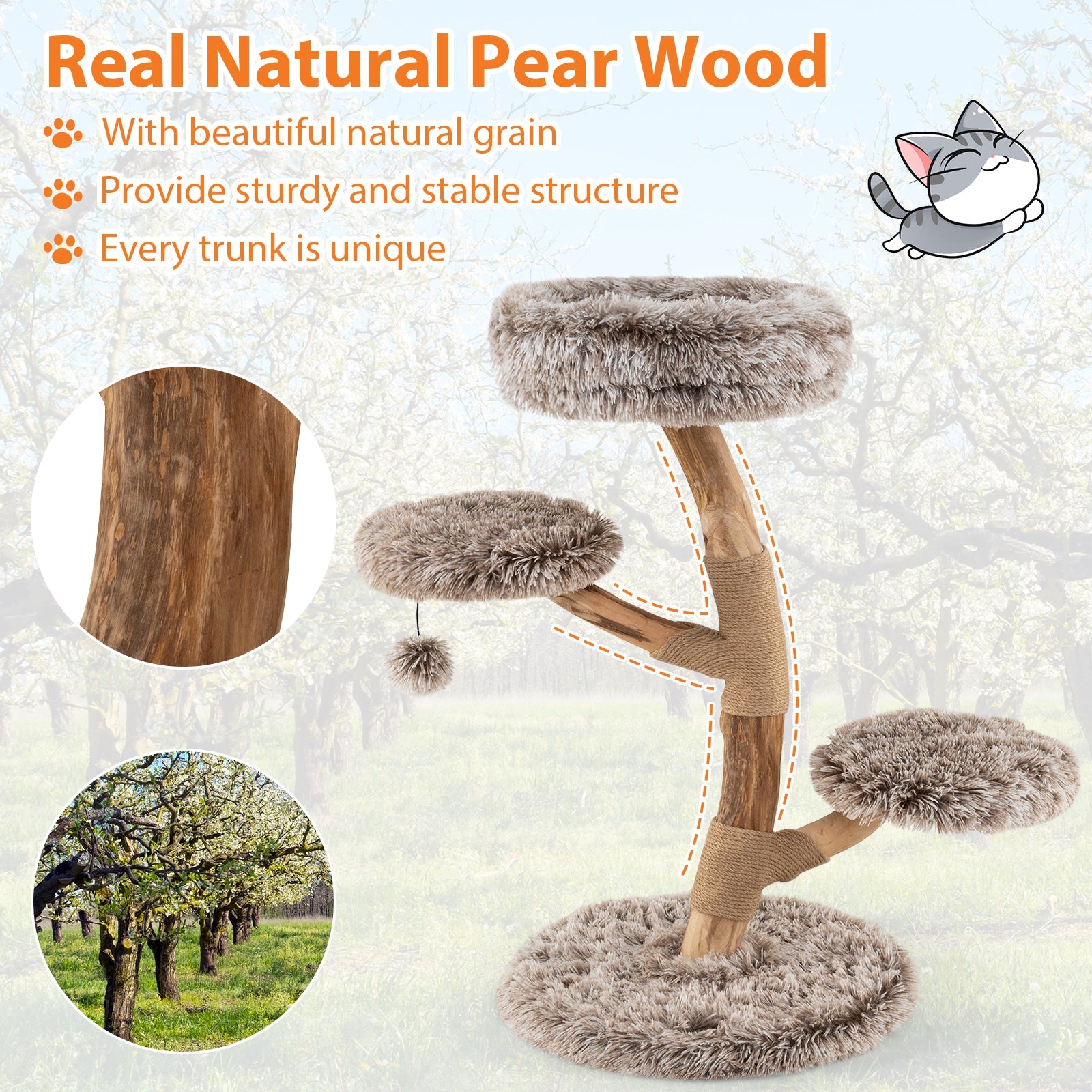 Cat Tree Solid Pear Wood with Perch and Natural Jute Scratching Posts-Brown - Majestic Pet Kingdom