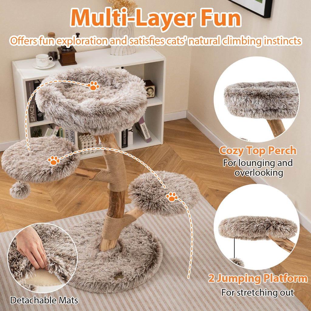 Cat Tree Solid Pear Wood with Perch and Natural Jute Scratching Posts-Brown - Majestic Pet Kingdom