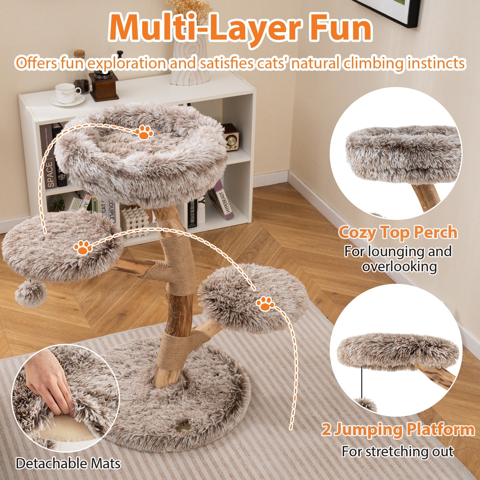Cat Tree Solid Pear Wood with Perch and Natural Jute Scratching Posts-Brown - Majestic Pet Kingdom