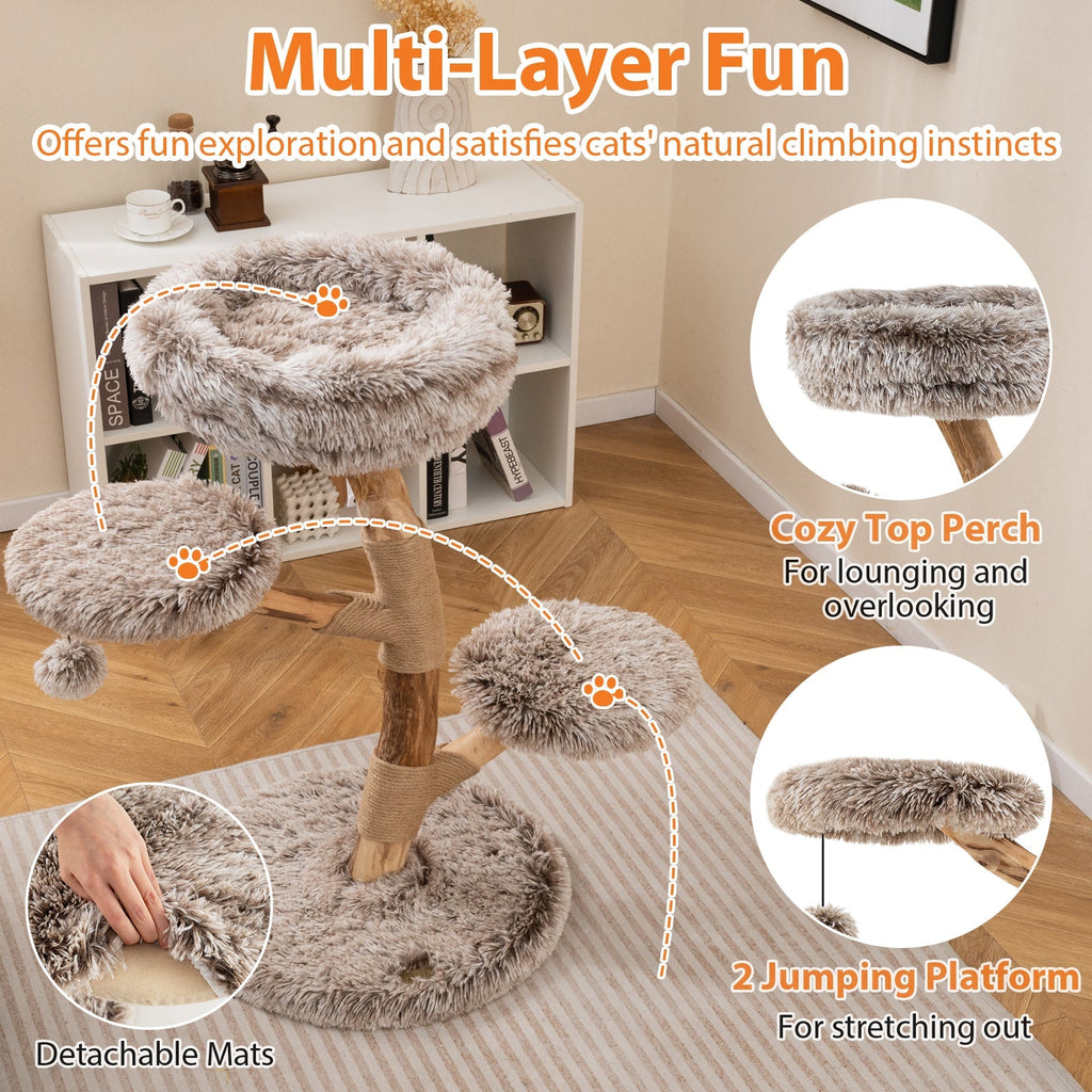 Cat Tree Solid Pear Wood with Perch and Natural Jute Scratching Posts-Brown - Majestic Pet Kingdom