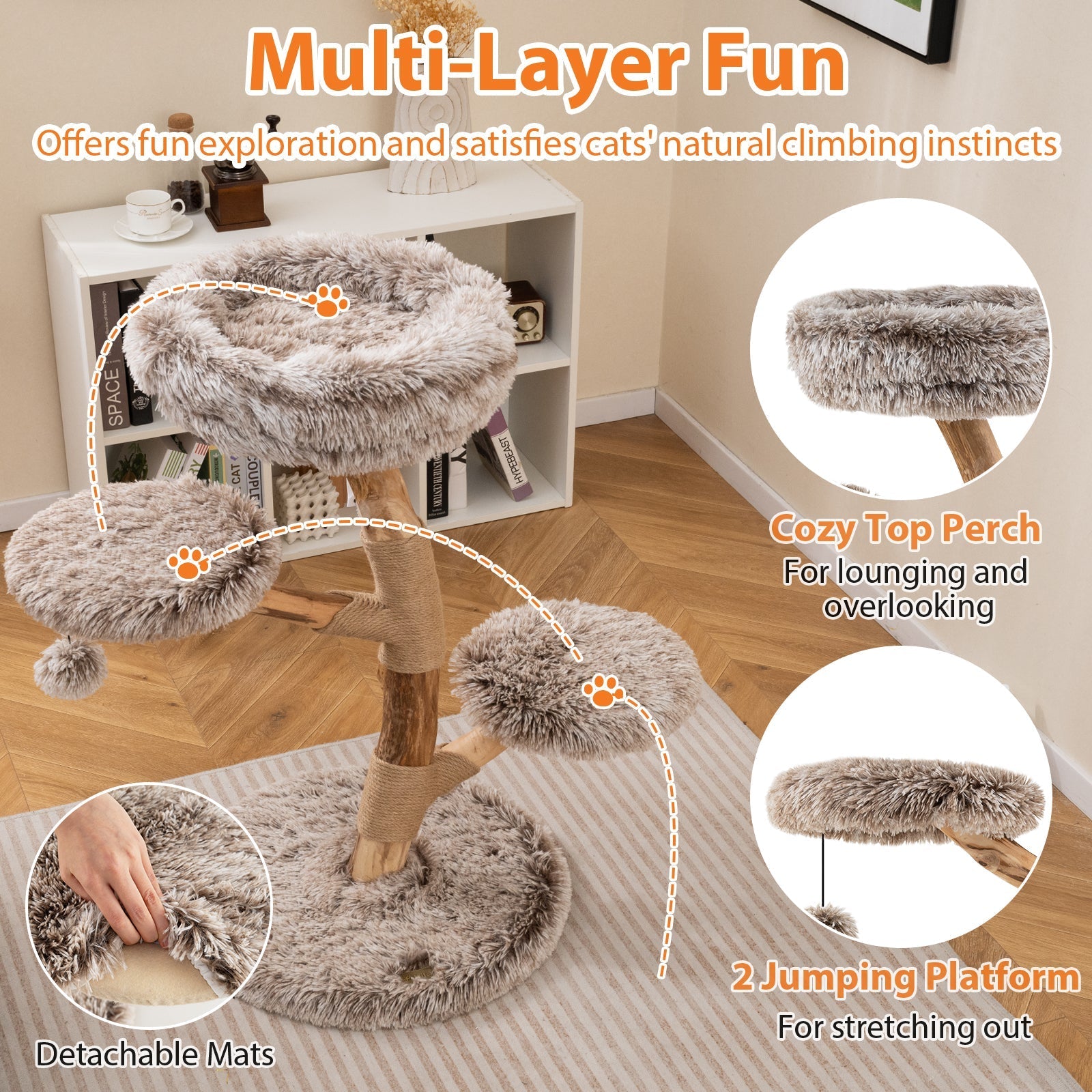 Cat Tree Solid Pear Wood with Perch and Natural Jute Scratching Posts-Brown - Majestic Pet Kingdom