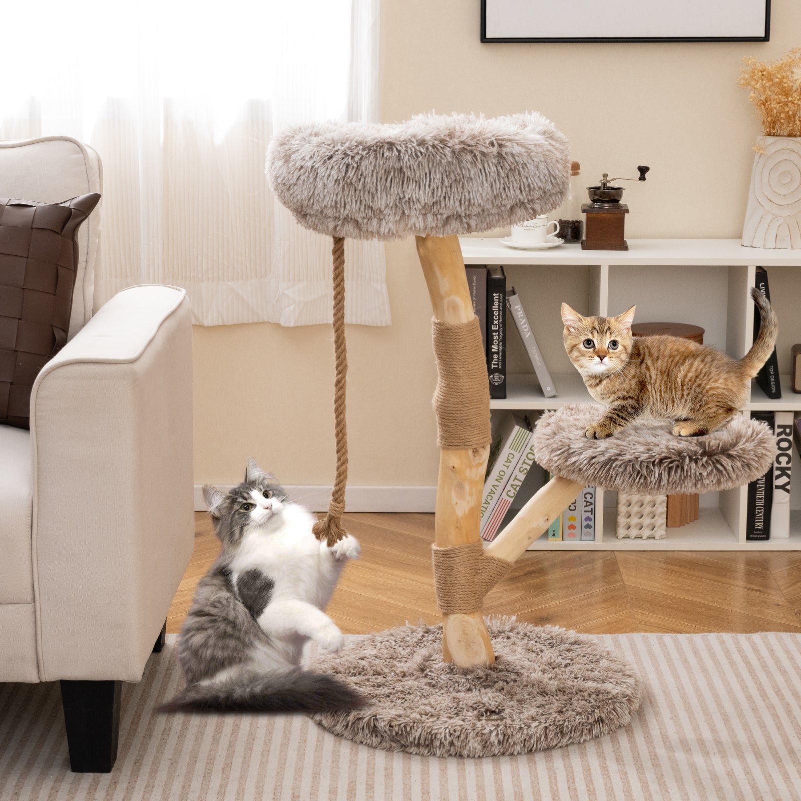 Modern Wooden Cat Tree Tower with Perch and Natural Jute Scratching Posts-Brown - Majestic Pet Kingdom