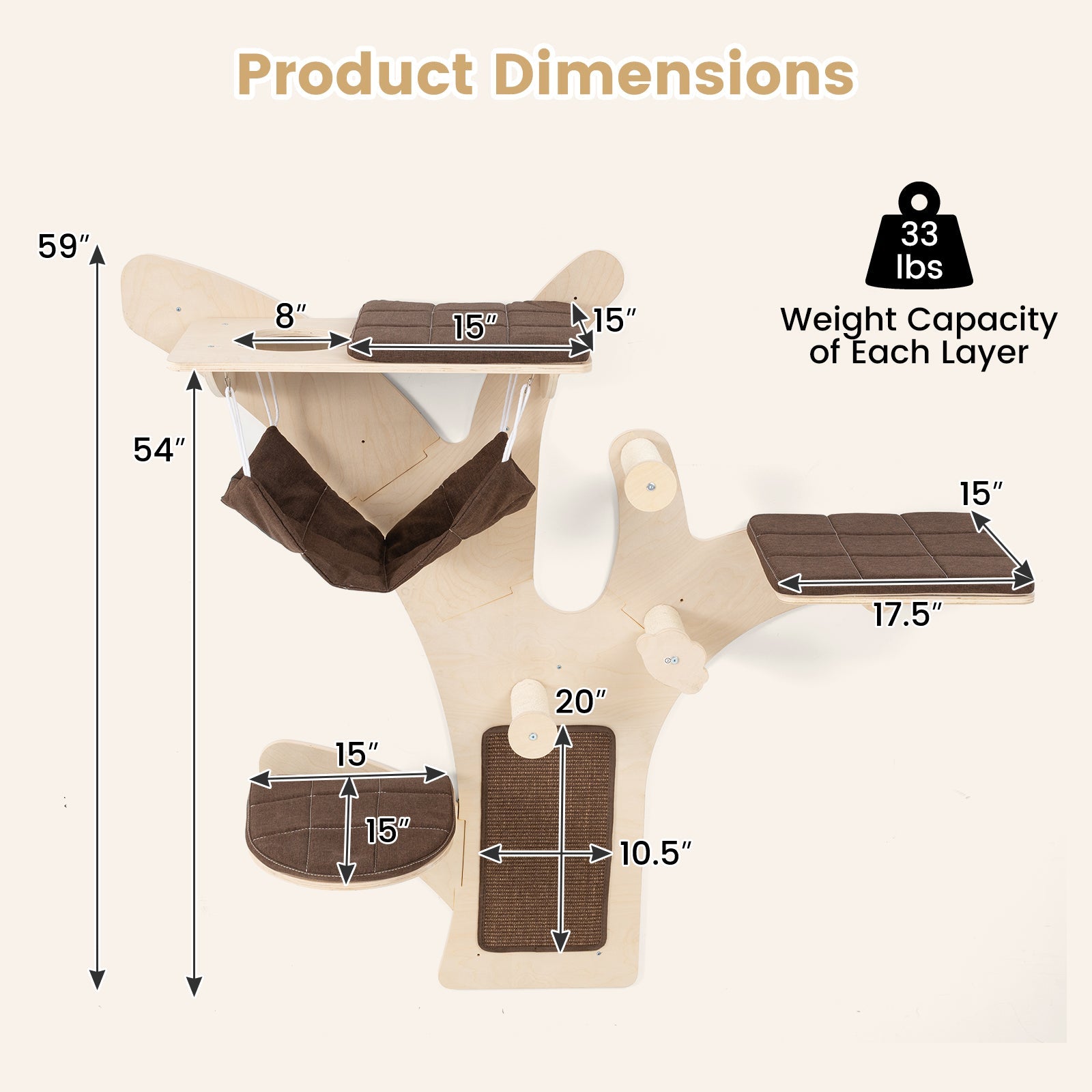 Wall-Mounted Cat Tower Cat Wall Shelves Furniture with Perch-Brown - Majestic Pet Kingdom