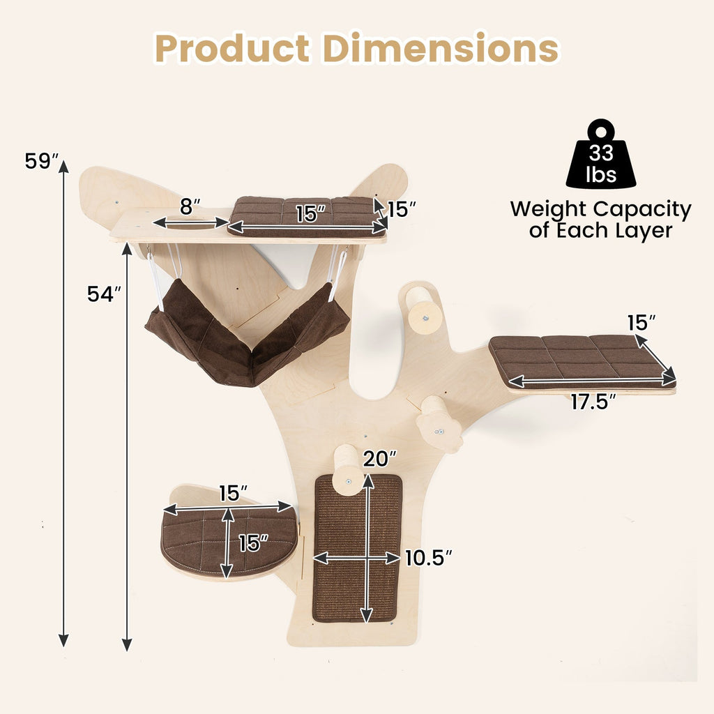 Wall-Mounted Cat Tower Cat Wall Shelves Furniture with Perch-Brown