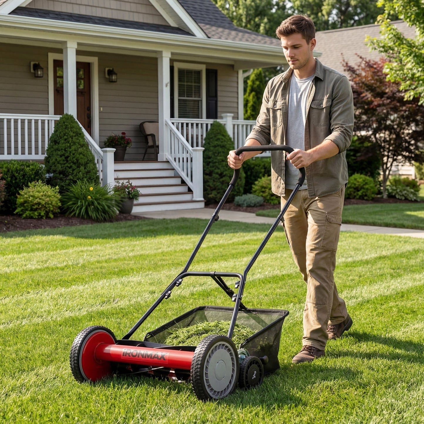 18 Inch Push Reel Lawn Mower 4-Position Adjustable with Removable Grass Catcher | Purrfect Pet Kingdom