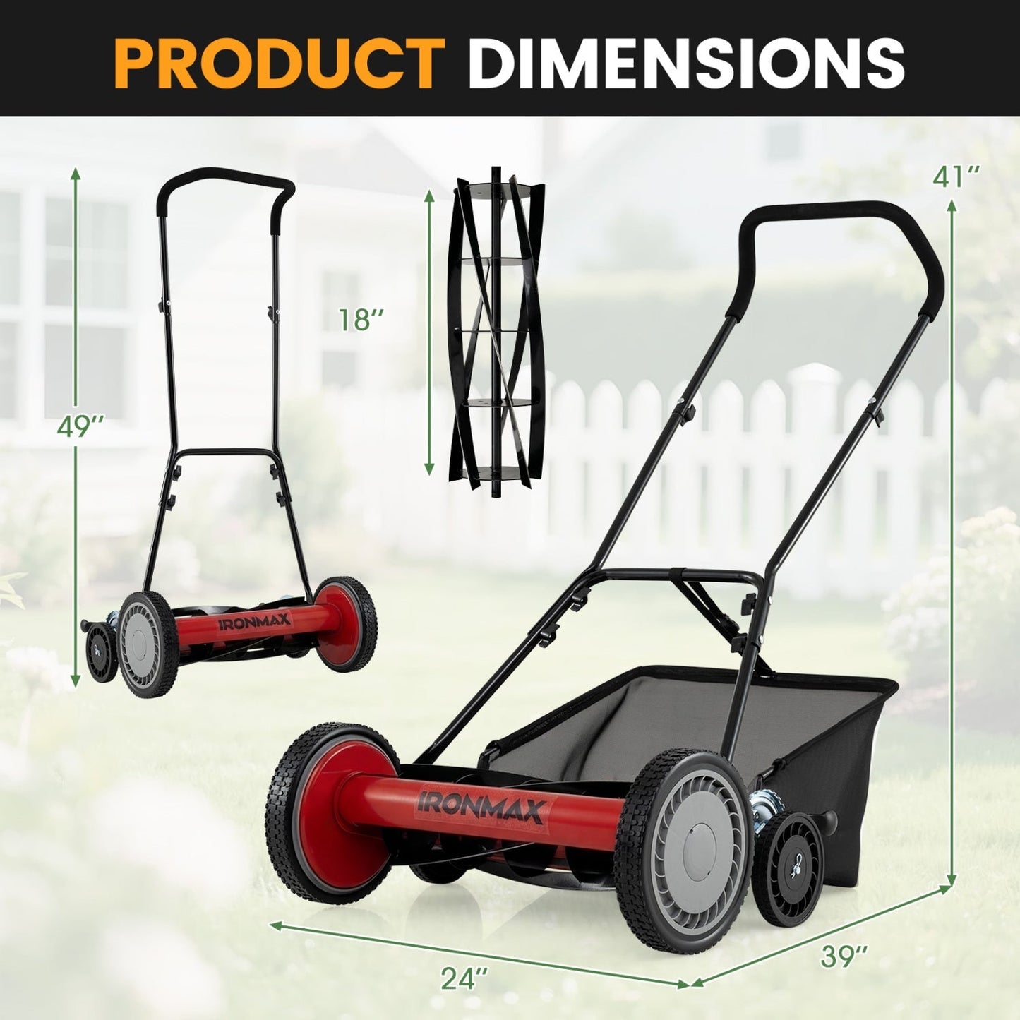 18 Inch Push Reel Lawn Mower 4-Position Adjustable with Removable Grass Catcher | Purrfect Pet Kingdom