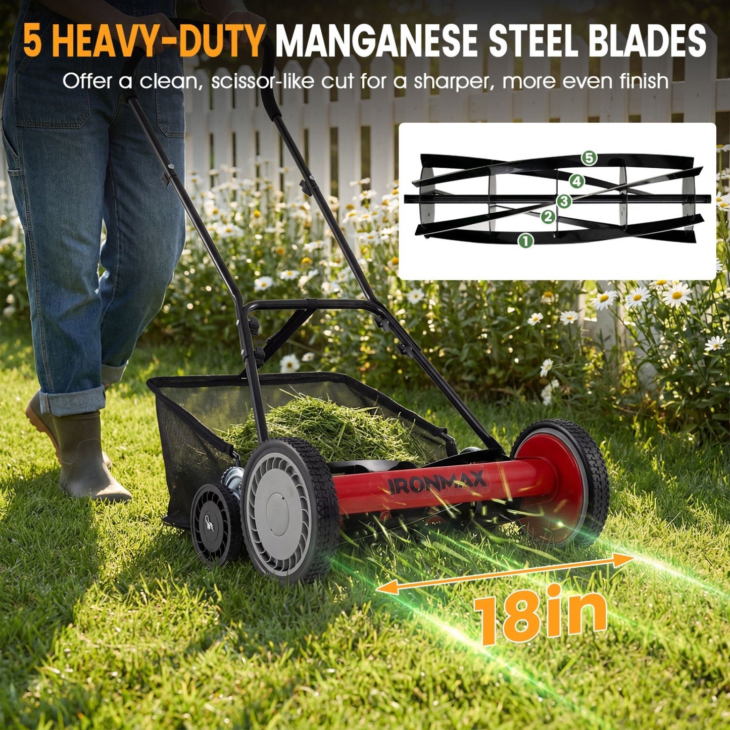 18 Inch Push Reel Lawn Mower 4-Position Adjustable with Removable Grass Catcher | Purrfect Pet Kingdom