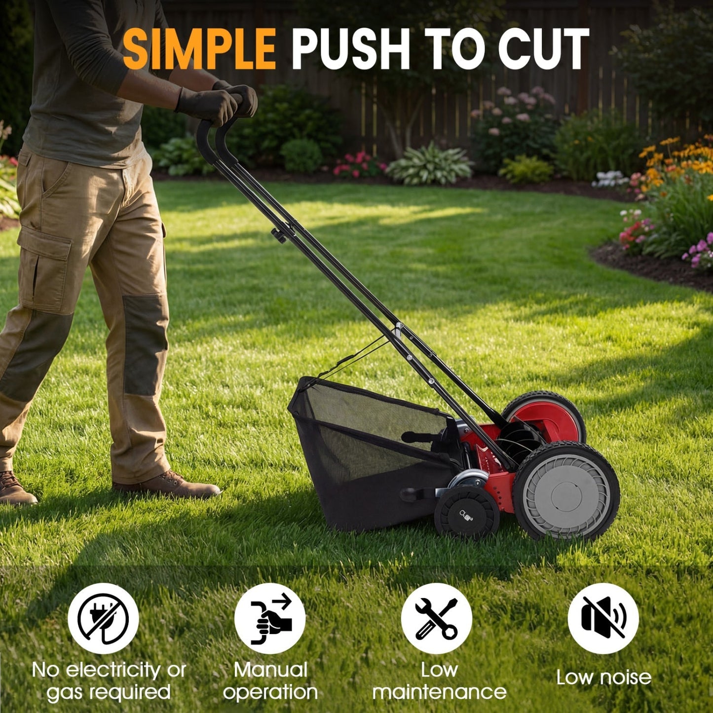 18 Inch Push Reel Lawn Mower 4-Position Adjustable with Removable Grass Catcher | Purrfect Pet Kingdom