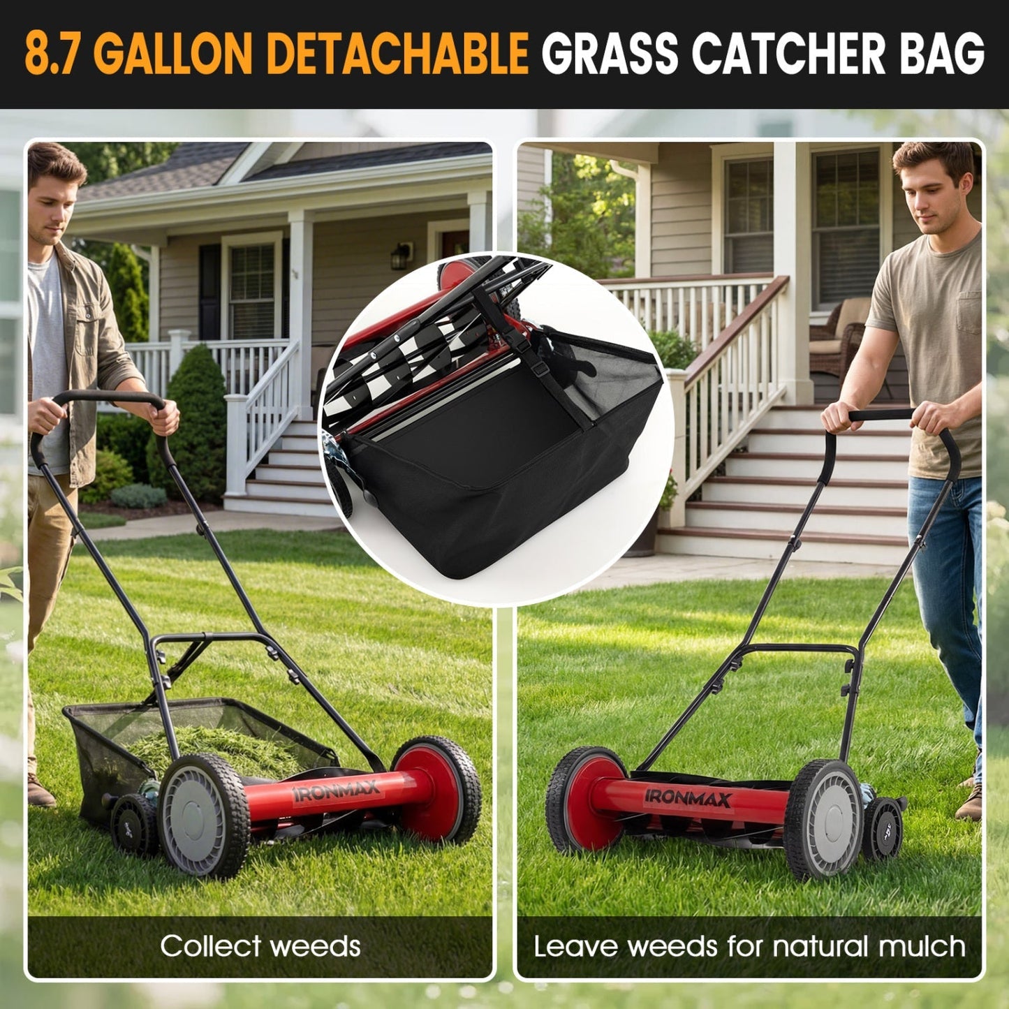 18 Inch Push Reel Lawn Mower 4-Position Adjustable with Removable Grass Catcher | Purrfect Pet Kingdom