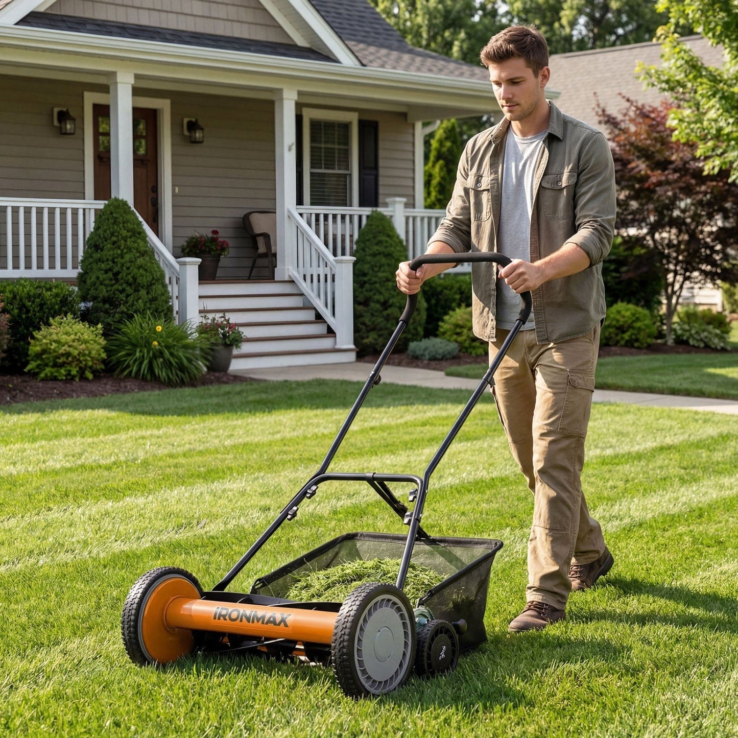 18 Inch Push Reel Lawn Mower 4-Position Adjustable with Removable Grass Catcher | Purrfect Pet Kingdom