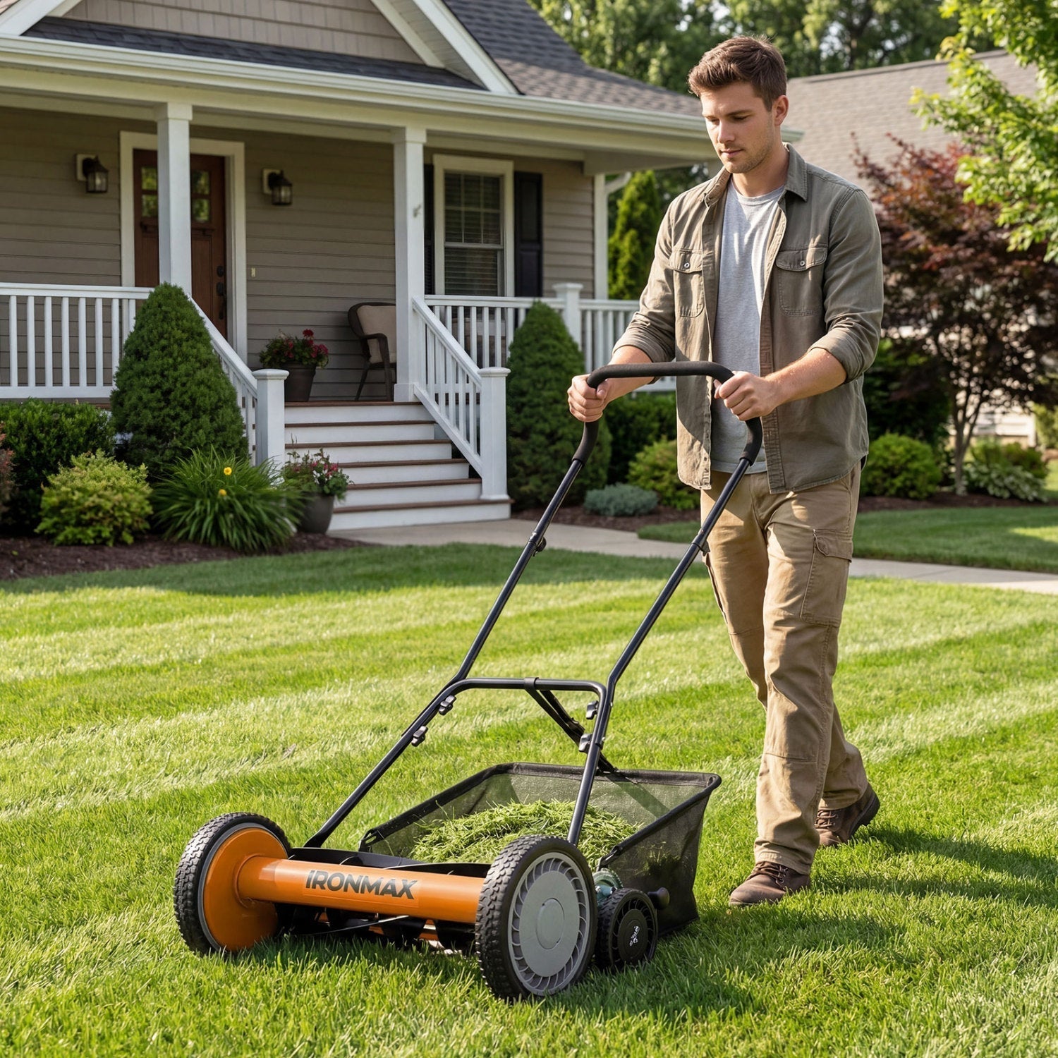 18 Inch Push Reel Lawn Mower 4-Position Adjustable with Removable Grass Catcher | Purrfect Pet Kingdom