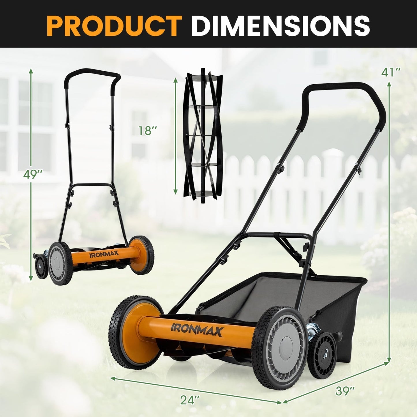 18 Inch Push Reel Lawn Mower 4-Position Adjustable with Removable Grass Catcher | Purrfect Pet Kingdom