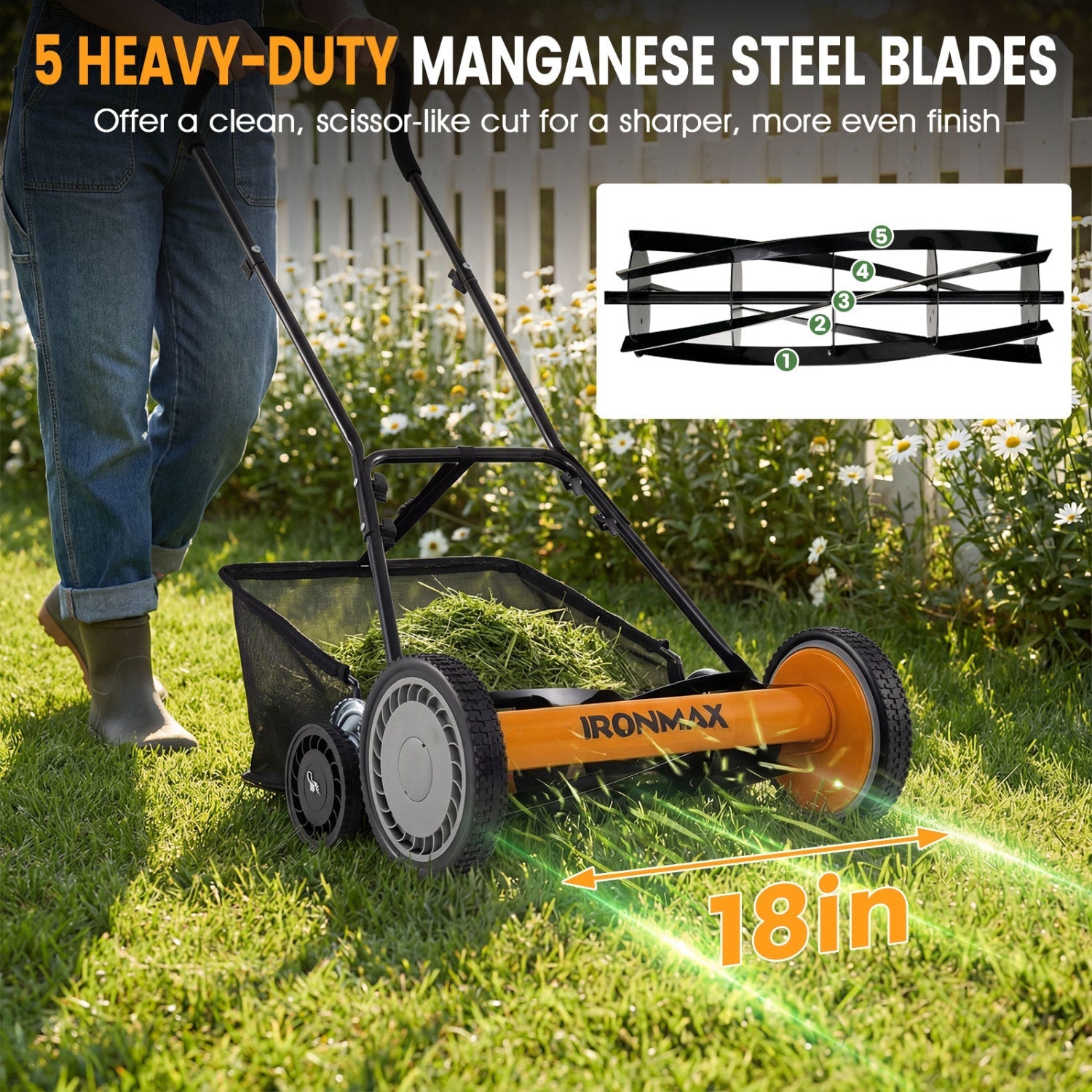 18 Inch Push Reel Lawn Mower 4-Position Adjustable with Removable Grass Catcher | Purrfect Pet Kingdom