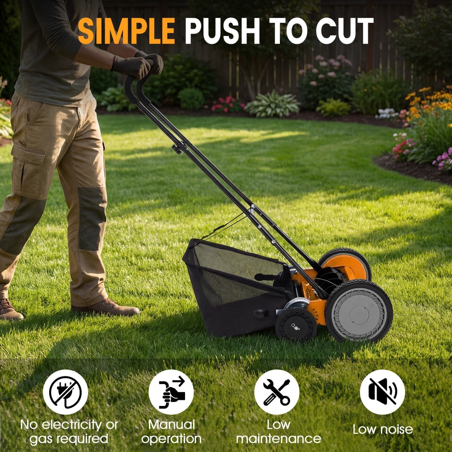 18 Inch Push Reel Lawn Mower 4-Position Adjustable with Removable Grass Catcher
