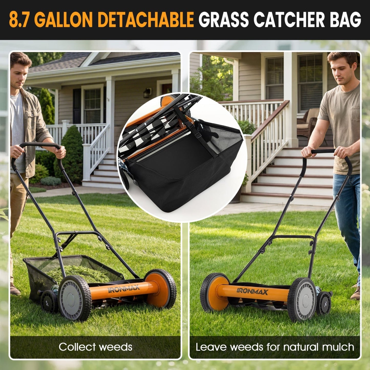 18 Inch Push Reel Lawn Mower 4-Position Adjustable with Removable Grass Catcher | Purrfect Pet Kingdom