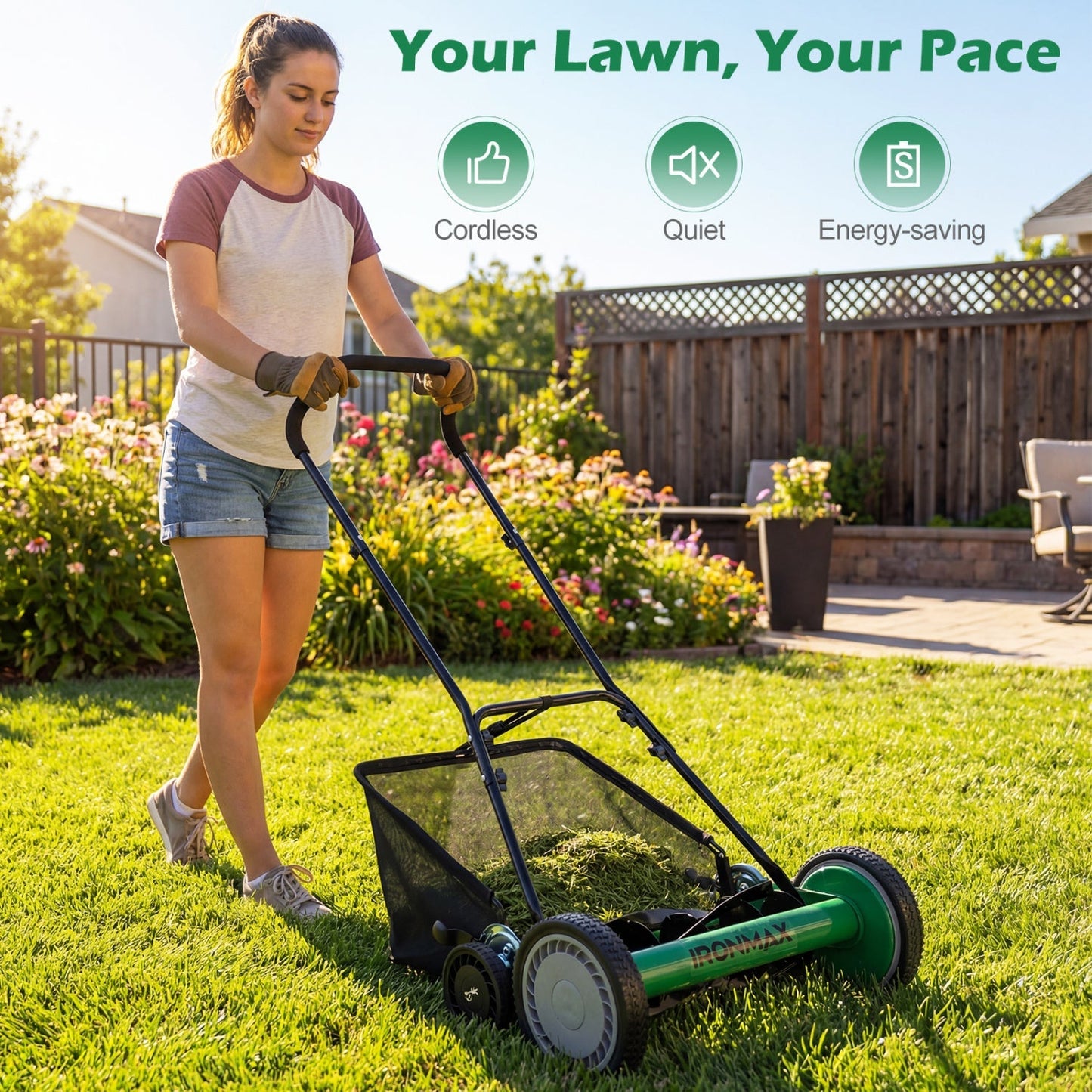 18 Inch Push Reel Lawn Mower 4-Position Adjustable with Removable Grass Catcher | Purrfect Pet Kingdom