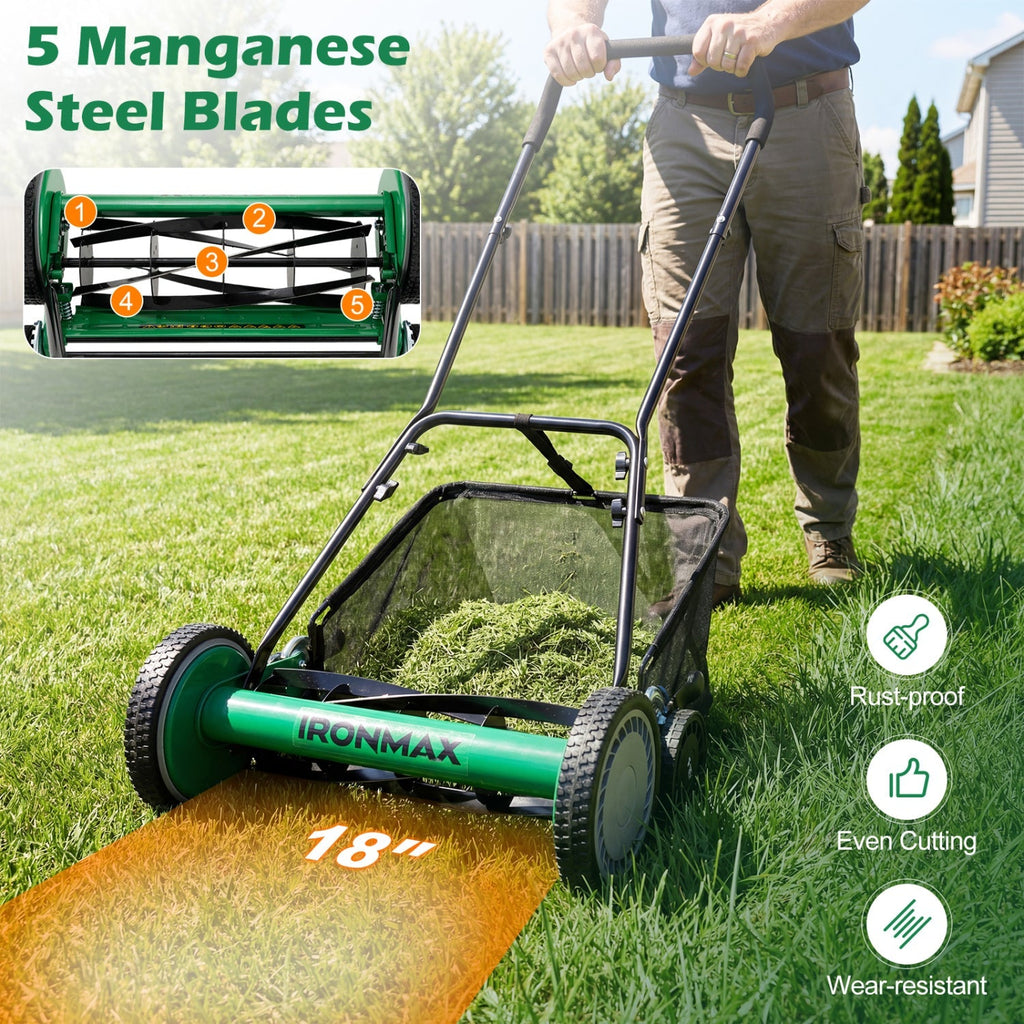 18 Inch Push Reel Lawn Mower 4-Position Adjustable with Removable Grass Catcher