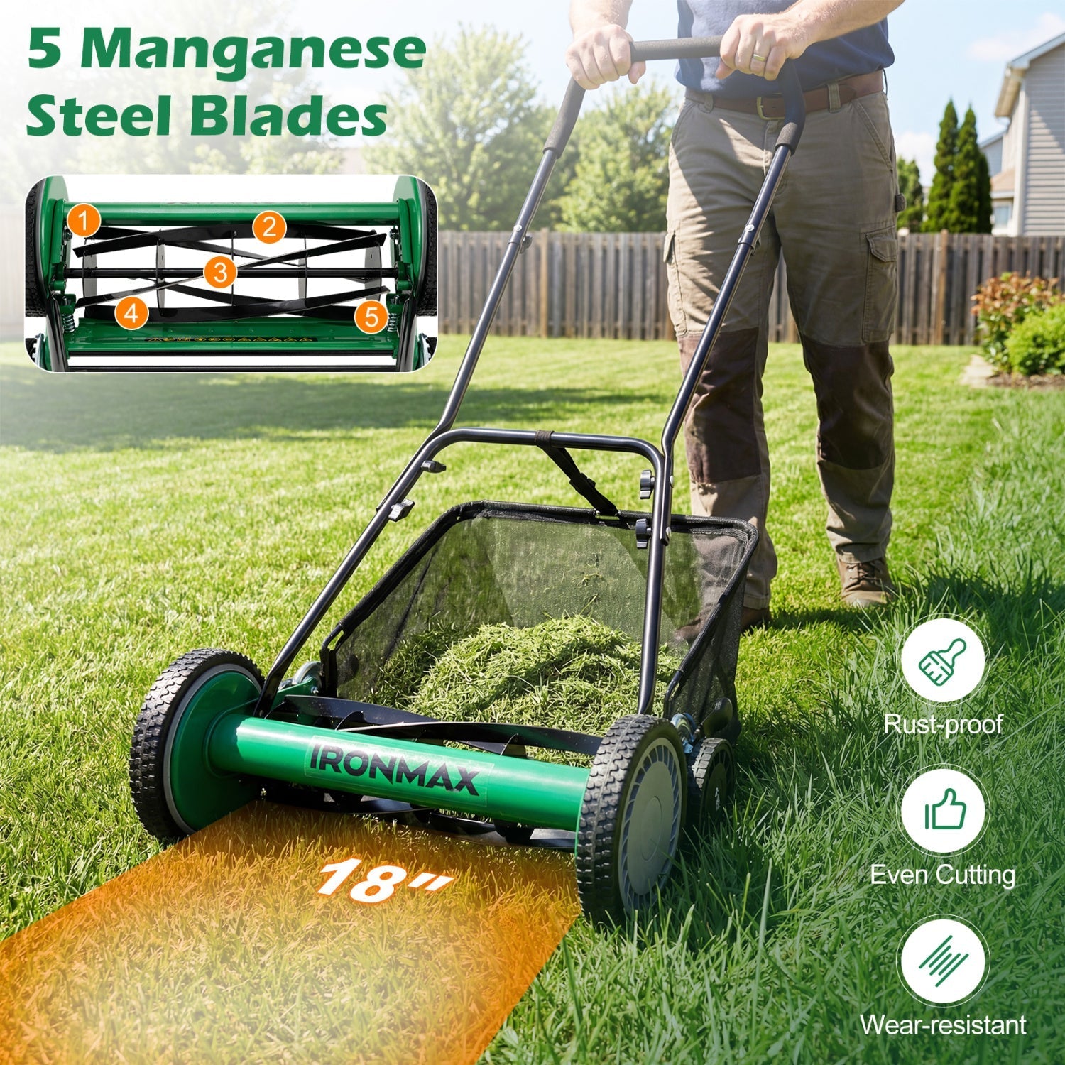 18 Inch Push Reel Lawn Mower 4-Position Adjustable with Removable Grass Catcher | Purrfect Pet Kingdom