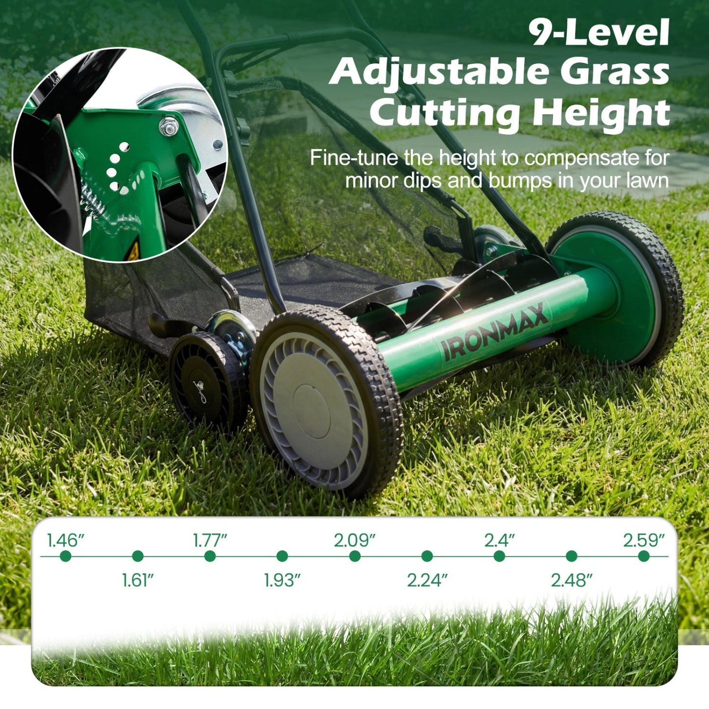 18 Inch Push Reel Lawn Mower 4-Position Adjustable with Removable Grass Catcher | Purrfect Pet Kingdom