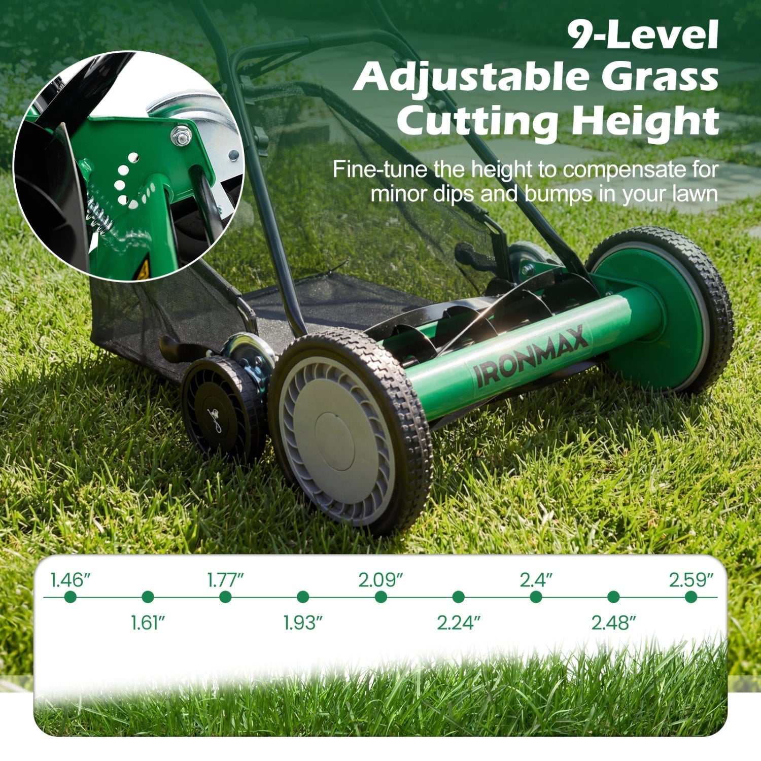 18 Inch Push Reel Lawn Mower 4-Position Adjustable with Removable Grass Catcher