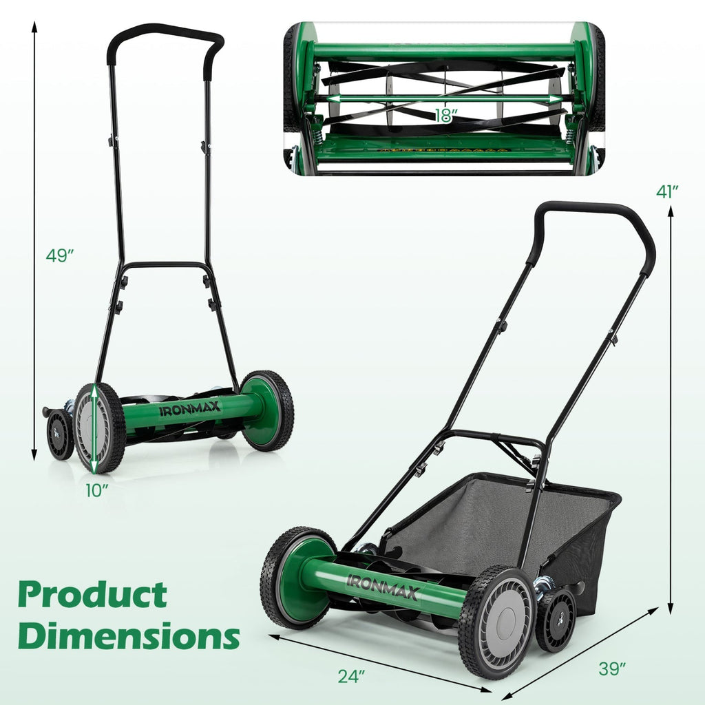 18 Inch Push Reel Lawn Mower 4-Position Adjustable with Removable Grass Catcher