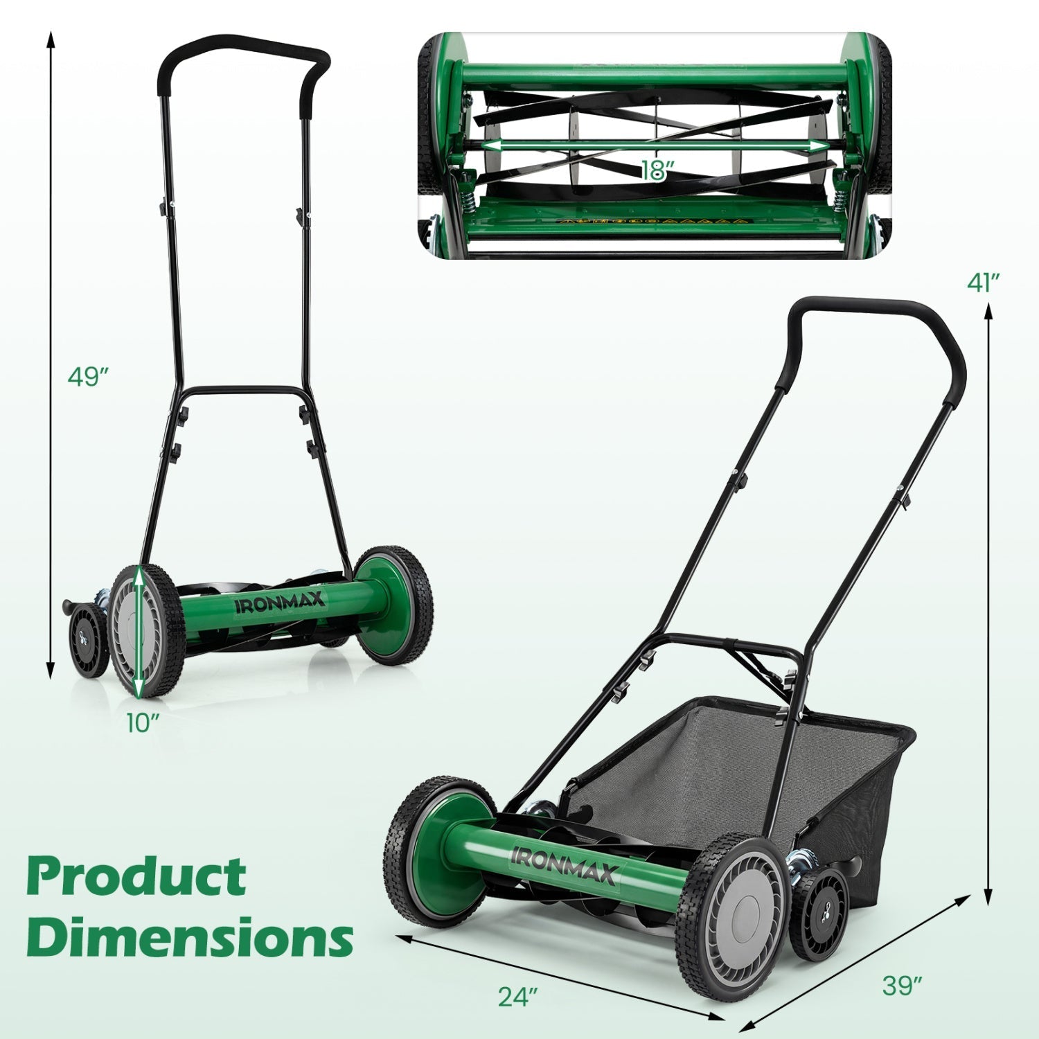 18 Inch Push Reel Lawn Mower 4-Position Adjustable with Removable Grass Catcher | Purrfect Pet Kingdom