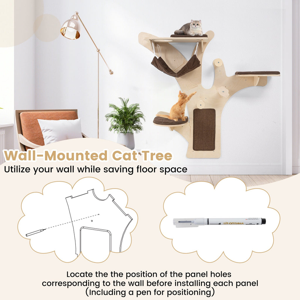 Wall-Mounted Cat Tower Cat Wall Shelves Furniture with Perch-Brown - Majestic Pet Kingdom