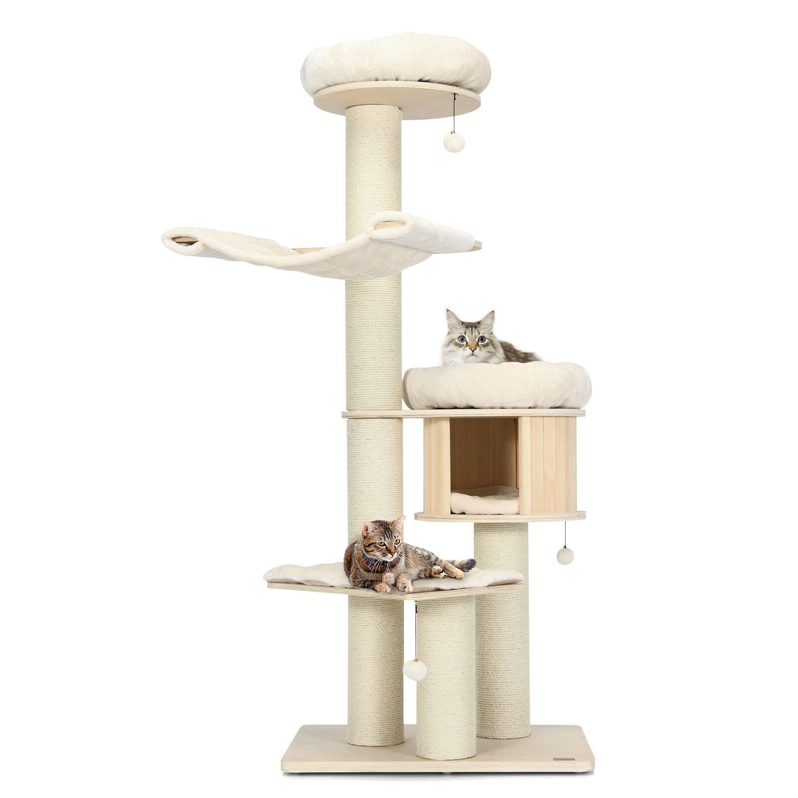 4-Layer 68.5-Inch Wooden Cat Tree Condo Activity Tower with Sisal Posts-Natural - Majestic Pet Kingdom