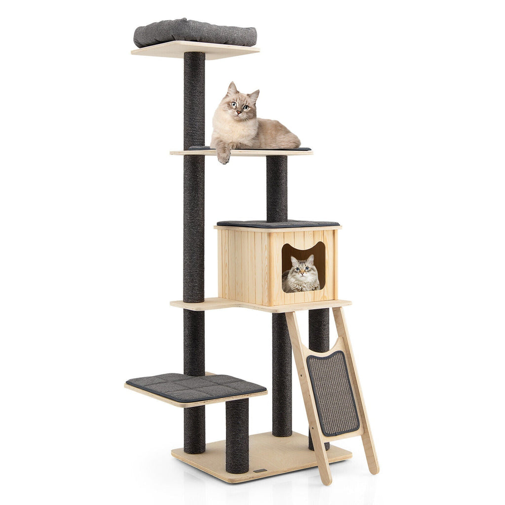 5-Tier Modern Wood Cat Tower with Washable Cushions-Gray - Majestic Pet Kingdom