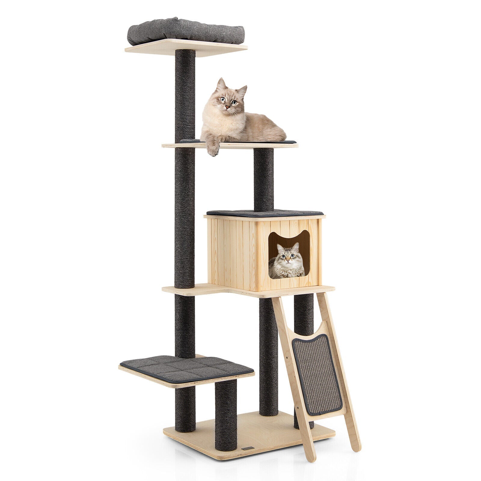 5-Tier Modern Wood Cat Tower with Washable Cushions-Gray - Majestic Pet Kingdom