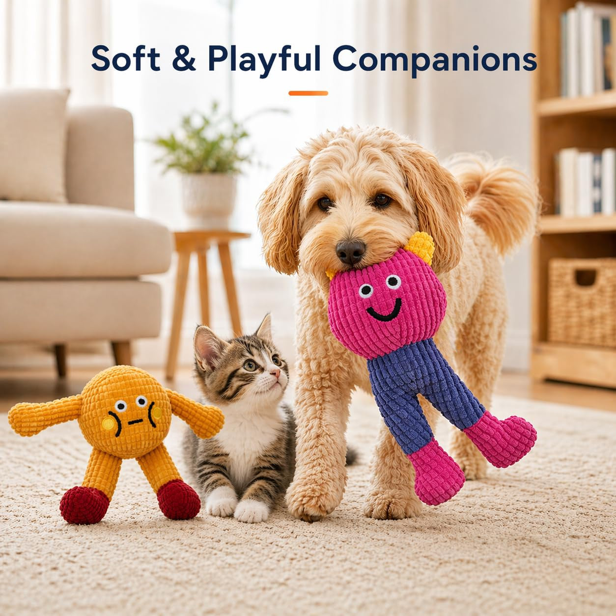 Cat&Dog Chew Toys With Catnip Inside, Ecofriendly Material Made, Crinkle Paper & Squeaky Ball Inside, Waffle And Baby Toy Combination Packaging, Cuddles Meow Chompclean, 2 Pack