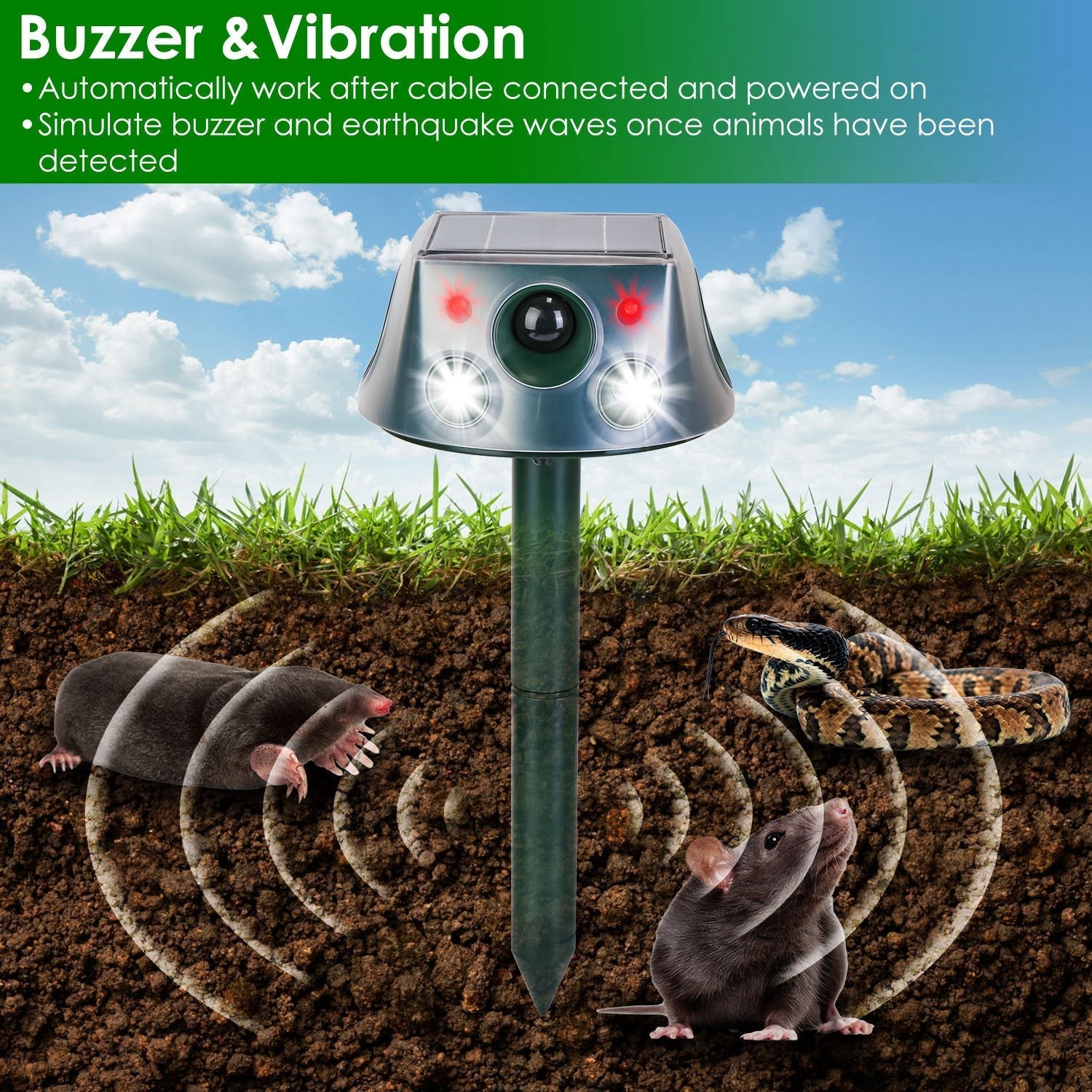 Ultrasonic Solar Animal Repeller Outdoor Mole Snake Squirrel Repellent Waterproof Bird Deer Dog Cat Deterrent with 3 Modes Motion Sensor Vibration Sta - Majestic Pet Kingdom