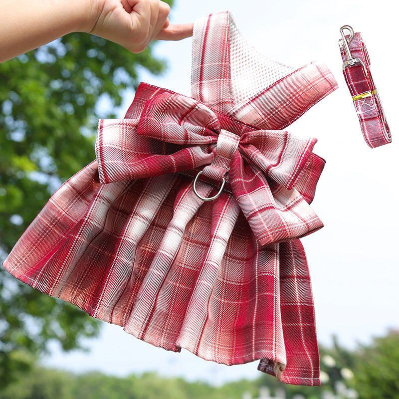 Pet Plaid Skirt Chest Strap Hand Holding Rope